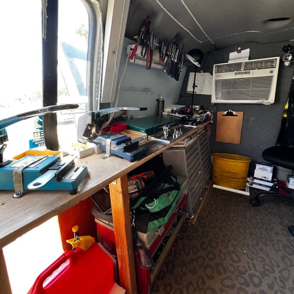 the inside of a residential and commercial locksmith van